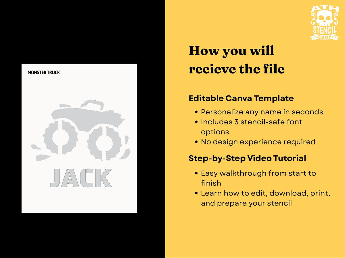 Editable Personalized Monster Truck Pumpkin Stencil Canva template with custom name, 3 stencil-safe fonts and step-by-step video tutorial.