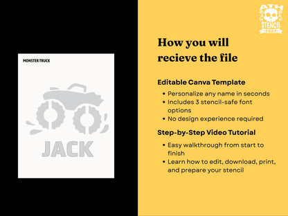 Editable Personalized Monster Truck Pumpkin Stencil Canva template with custom name, 3 stencil-safe fonts and step-by-step video tutorial.