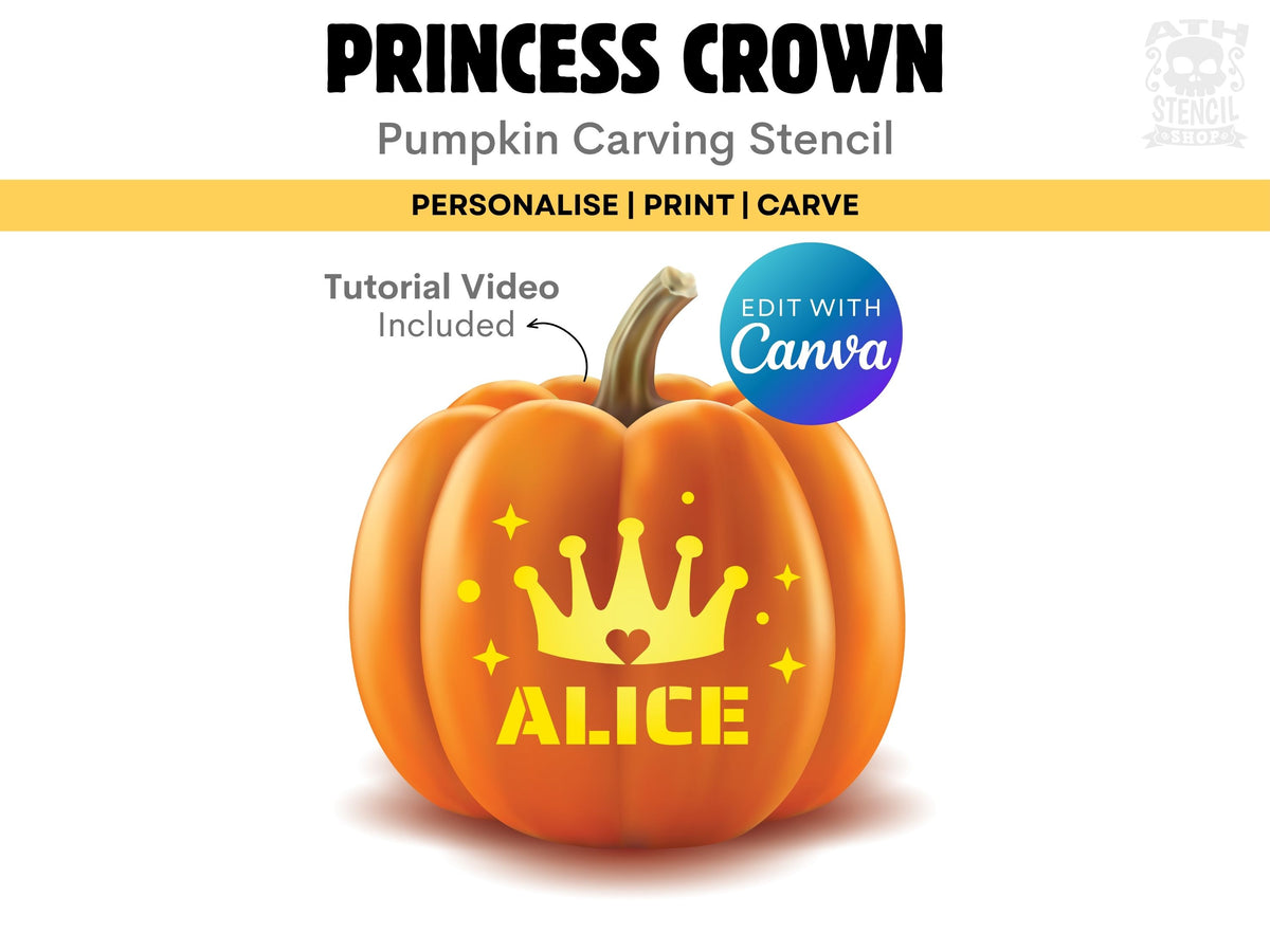 Personalized Princess Crown Pumpkin Stencil with custom name Alice, editable Canva template and printable Halloween carving design.