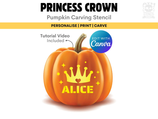 Personalized Princess Crown Pumpkin Stencil with custom name Alice, editable Canva template and printable Halloween carving design.