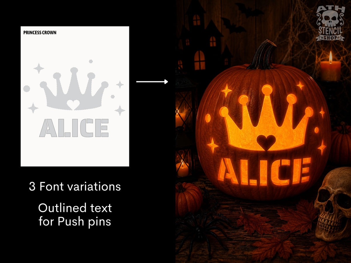 Personalized princess crown pumpkin stencil with custom name Alice beside a glowing carved pumpkin showing the finished design.