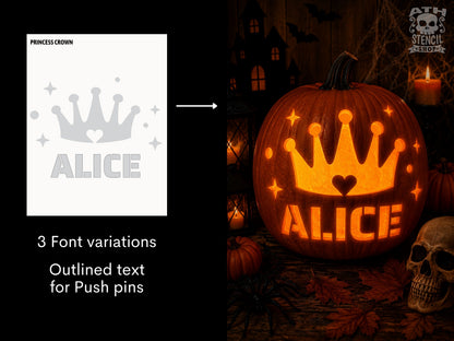 Personalized princess crown pumpkin stencil with custom name Alice beside a glowing carved pumpkin showing the finished design.