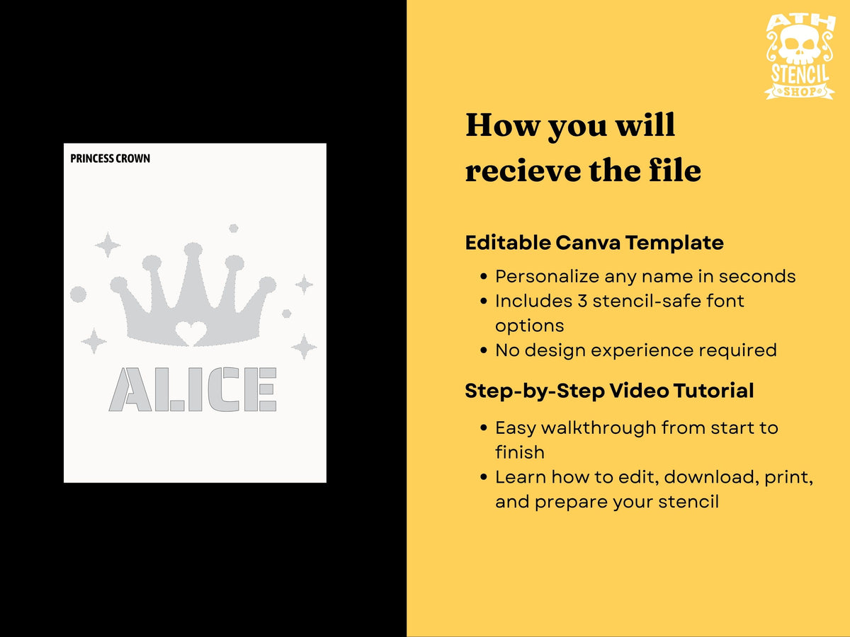 Editable Personalized Princess Crown Pumpkin Stencil Canva template with custom name, 3 stencil-safe fonts and step-by-step video tutorial.