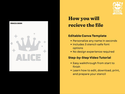 Editable Personalized Princess Crown Pumpkin Stencil Canva template with custom name, 3 stencil-safe fonts and step-by-step video tutorial.