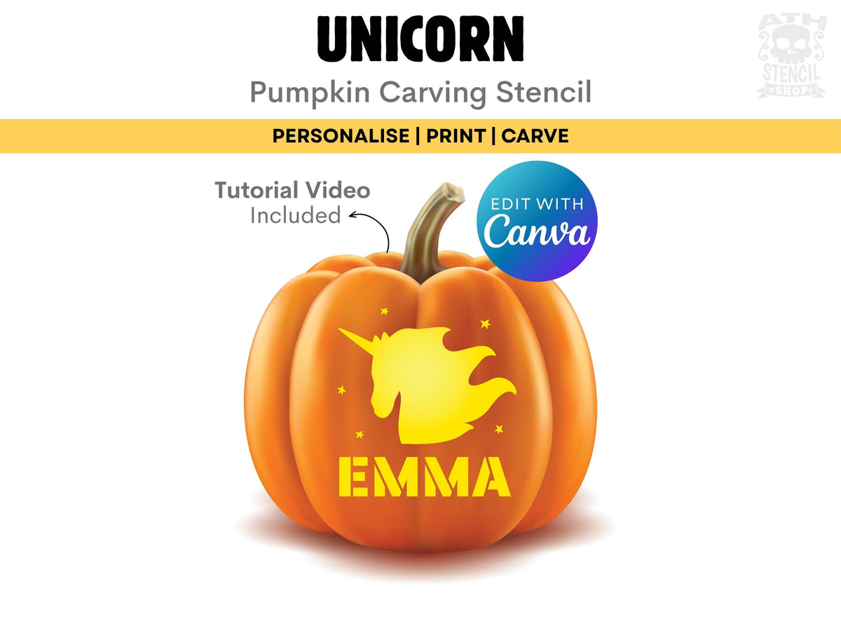 Personalized Unicorn Pumpkin Stencil with custom name Emma, editable Canva template and printable pumpkin carving design.