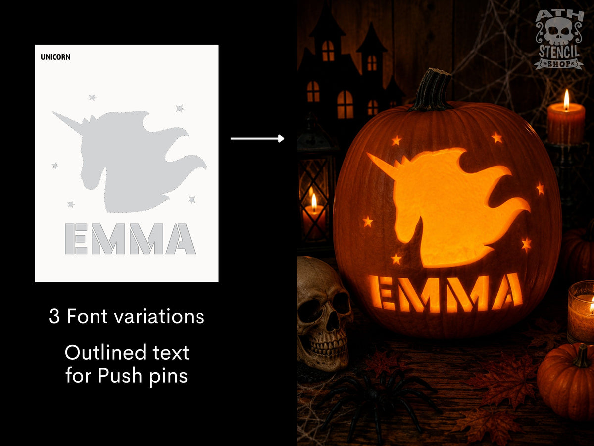 Personalized unicorn pumpkin carving stencil showing custom name Emma and preview of the finished glowing carved Halloween pumpkin.