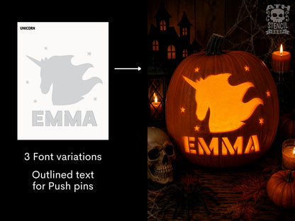 Personalized unicorn pumpkin carving stencil showing custom name Emma and preview of the finished glowing carved Halloween pumpkin.