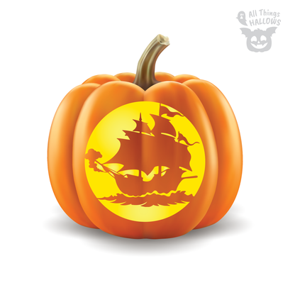 Pirate Ship Pumpkin Stencil carved onto an orange pumpkin, featuring a detailed sailing ship with large sails and ocean waves.