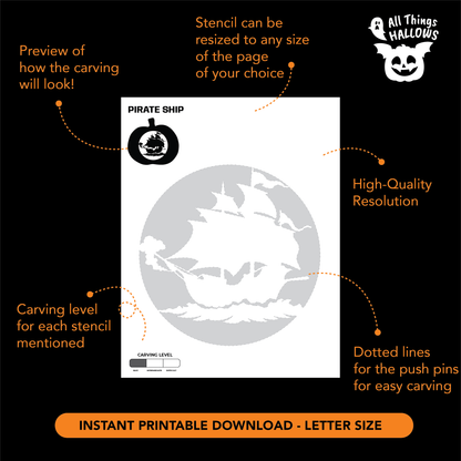 Printable Pirate Ship Pumpkin Stencil showing a sailing ship design, carving level guide, dotted transfer lines, and instant download information.