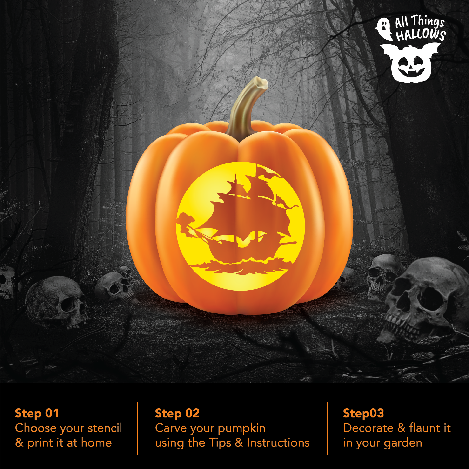 Finished pirate ship pumpkin carving displayed in a dark spooky forest surrounded by skulls, with step-by-step pumpkin carving instructions.