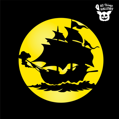 Pirate Ship Pumpkin Stencil design showing a detailed sailing vessel with multiple sails, rigging, and waves inside a circular frame.