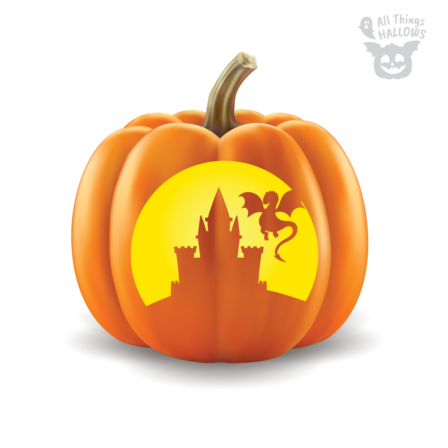 Princess castle pumpkin carving stencil featuring a magical castle with a flying dragon silhouette carved into a Halloween pumpkin.