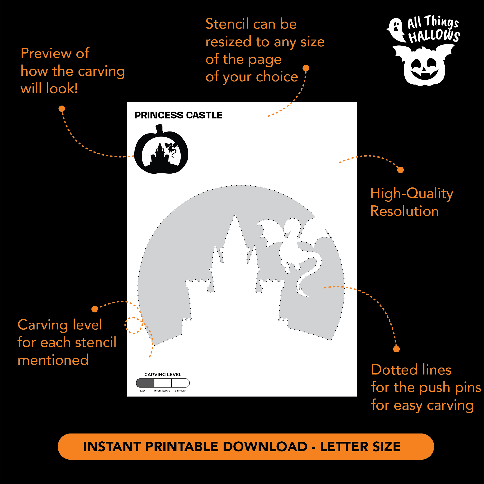 Printable Princess Castle pumpkin carving stencil PDF with high resolution design, dotted tracing lines, and beginner friendly carving guide.