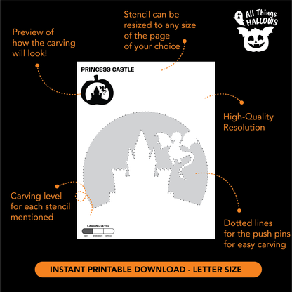 Printable Princess Castle pumpkin carving stencil PDF with high resolution design, dotted tracing lines, and beginner friendly carving guide.