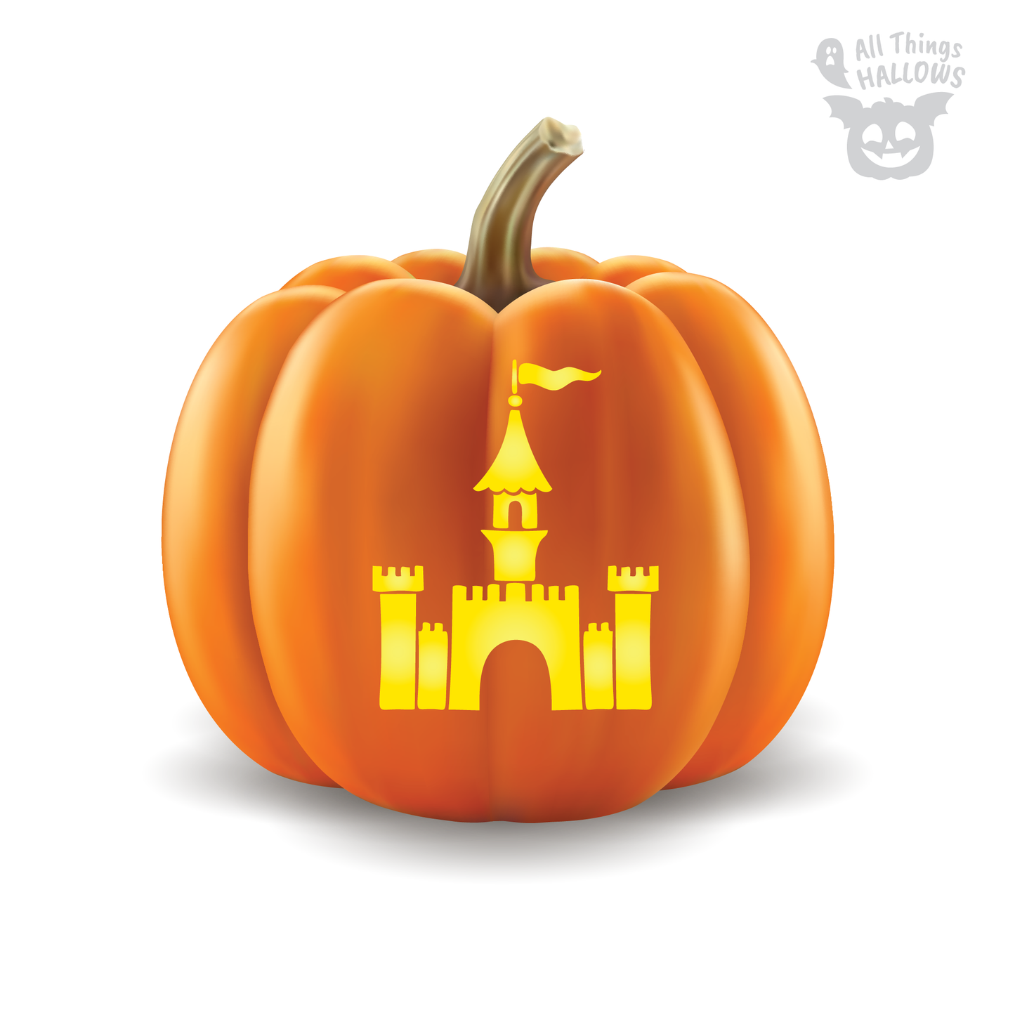 Fairytale princess castle pumpkin carving stencil with castle towers and waving flag carved into a Halloween pumpkin.