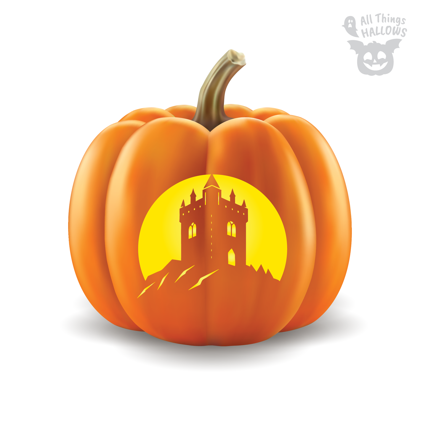 Haunted princess castle pumpkin carving stencil featuring a spooky castle on a hill carved into a Halloween pumpkin.