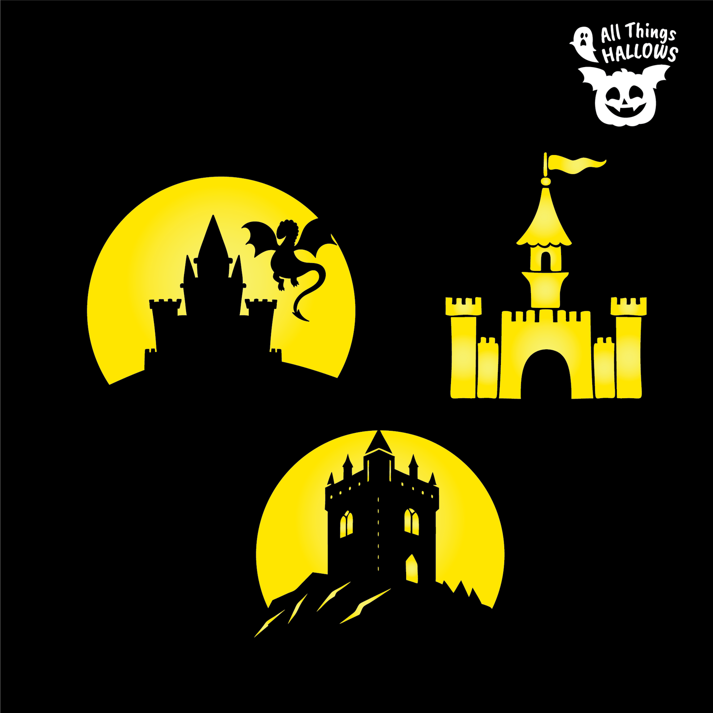 Princess Castle pumpkin stencil bundle featuring three printable fairytale castle carving designs with dragon, castle, and haunted tower templates.