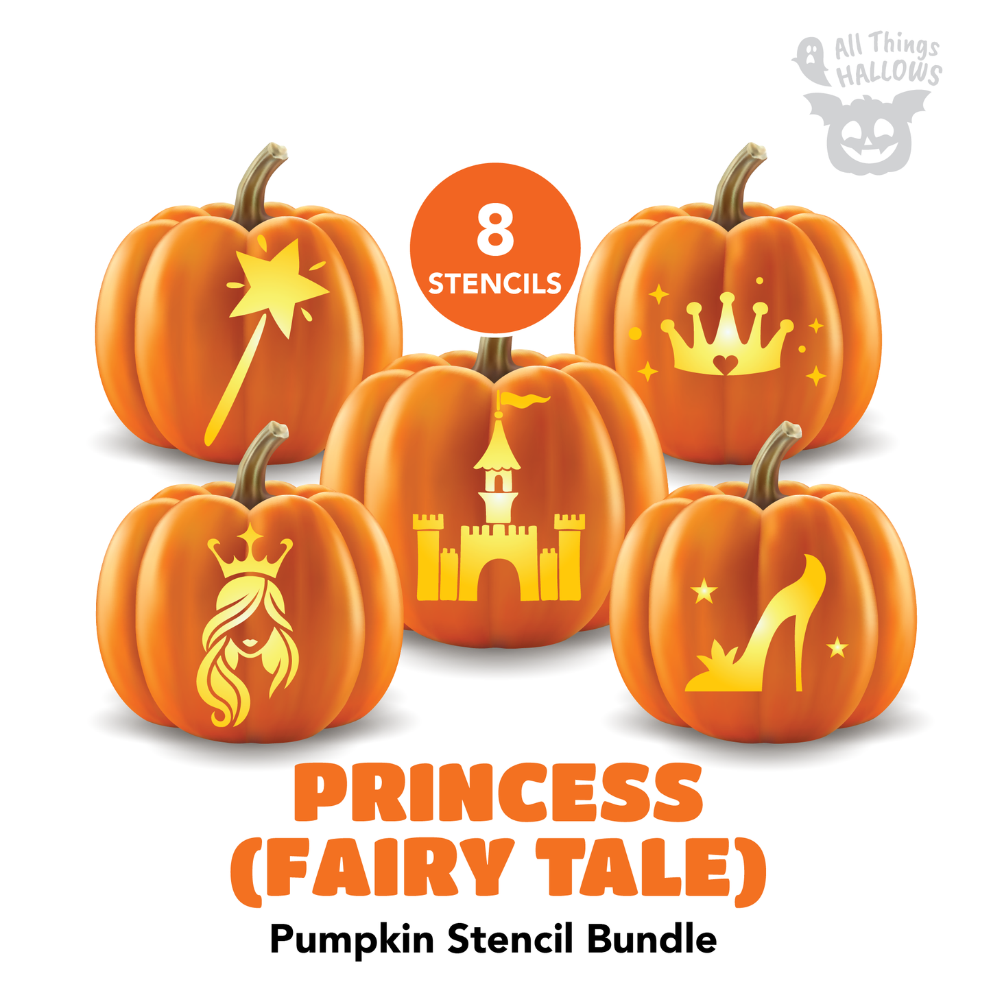 Princess Fairy Tale Pumpkin Stencil Bundle featuring 8 printable pumpkin carving templates with princess castle, crown, glass slipper, magic wand, and fairytale themed designs.