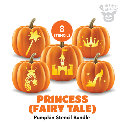 Princess Fairy Tale Pumpkin Stencil Bundle featuring 8 printable pumpkin carving templates with princess castle, crown, glass slipper, magic wand, and fairytale themed designs.