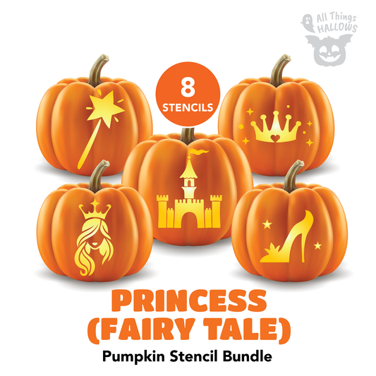 Princess Fairy Tale Pumpkin Stencil Bundle featuring 8 printable pumpkin carving templates with princess castle, crown, glass slipper, magic wand, and fairytale themed designs.
