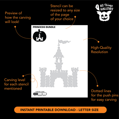 Printable Princess Fairy Tale pumpkin carving stencil PDF showing an easy Princess Castle carving pattern with printable template and carving guide.
