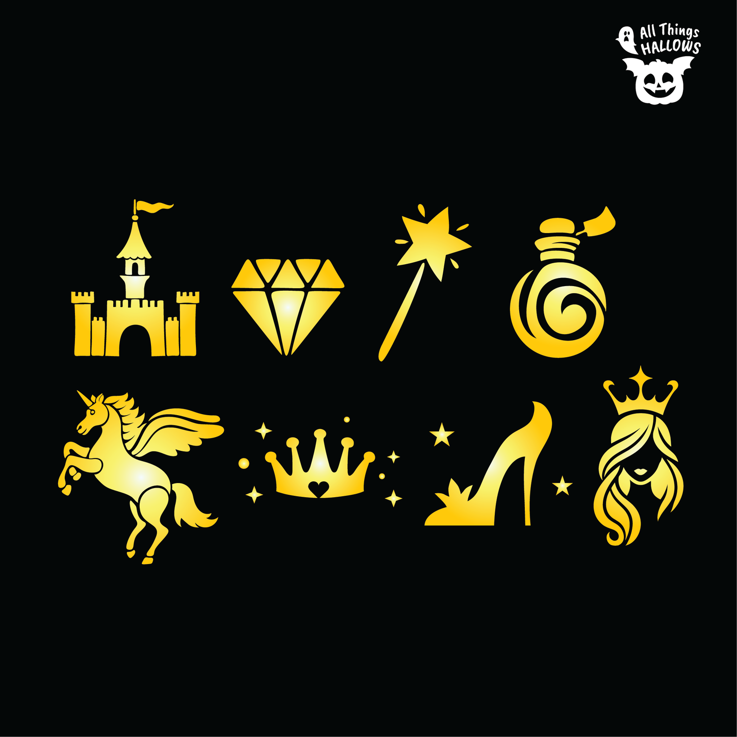 Princess Fairy Tale Pumpkin Stencil Bundle preview featuring printable castle, unicorn, princess crown, magic wand, diamond, potion bottle, glass slipper, and princess silhouette stencil designs.