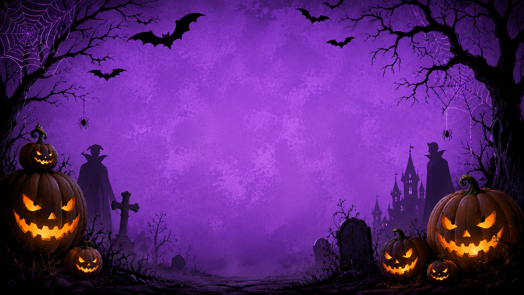 Halloween night scene with a purple foggy sky, silhouetted tombstones, bare trees, bats, a haunted house, and glowing jack-o'-lantern pumpkins in the foreground.