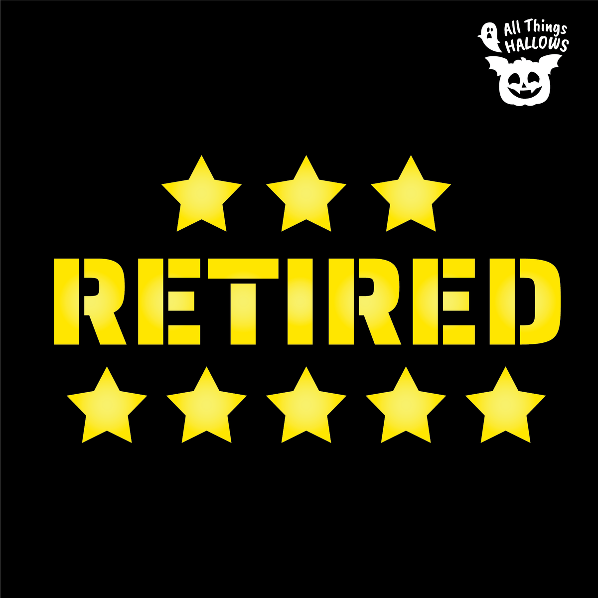 RETIRED Pumpkin Stencil design featuring large bold lettering with three stars above and five stars below on a black background.