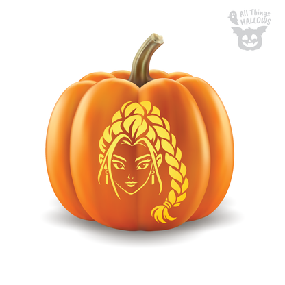 Rumi Pumpkin Stencil carving preview featuring her detailed face, earrings and signature long braided hairstyle on an orange pumpkin.