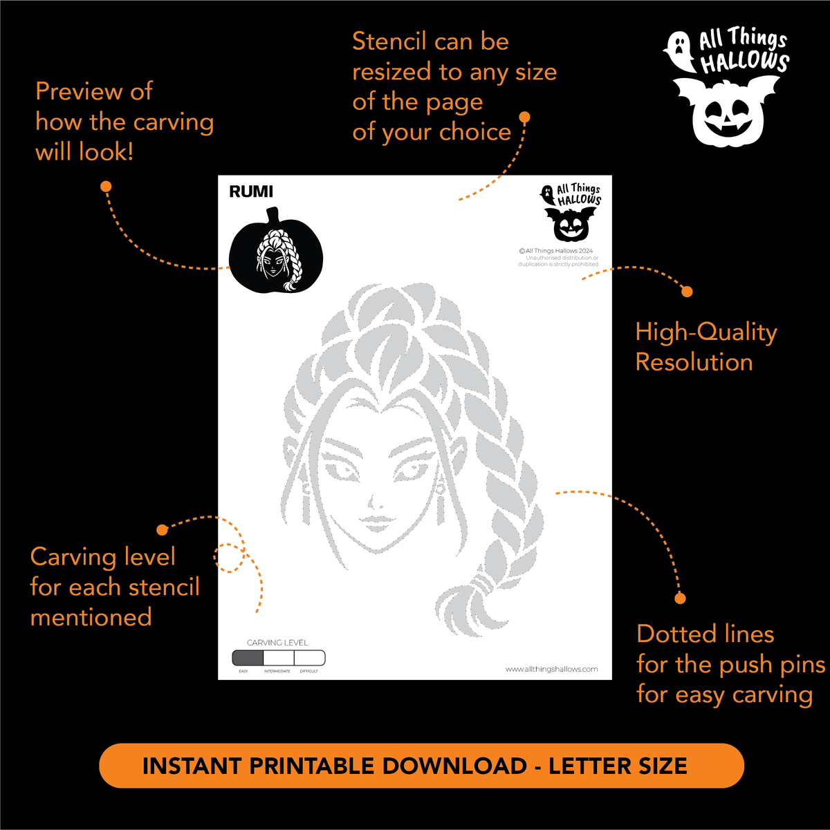 Printable Rumi Pumpkin Stencil template showing the detailed face and braided hair design with carving and resizing instructions.