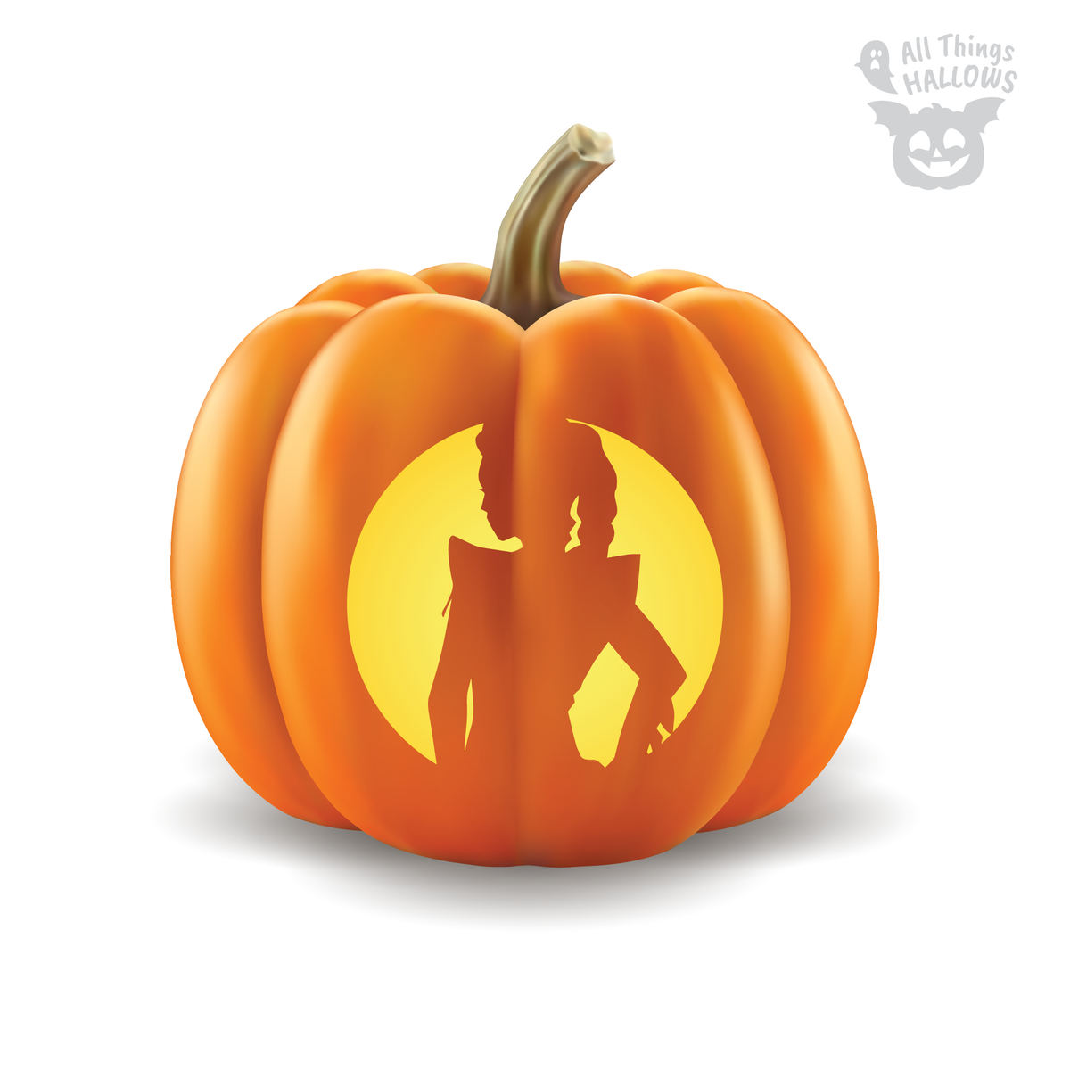 Rumi Pumpkin Stencil featuring a dramatic character silhouette with long braided hair against a glowing circular background.
