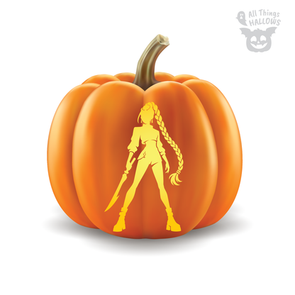 Rumi Pumpkin Stencil carving preview featuring a full-body warrior pose with long braided hair and sword.