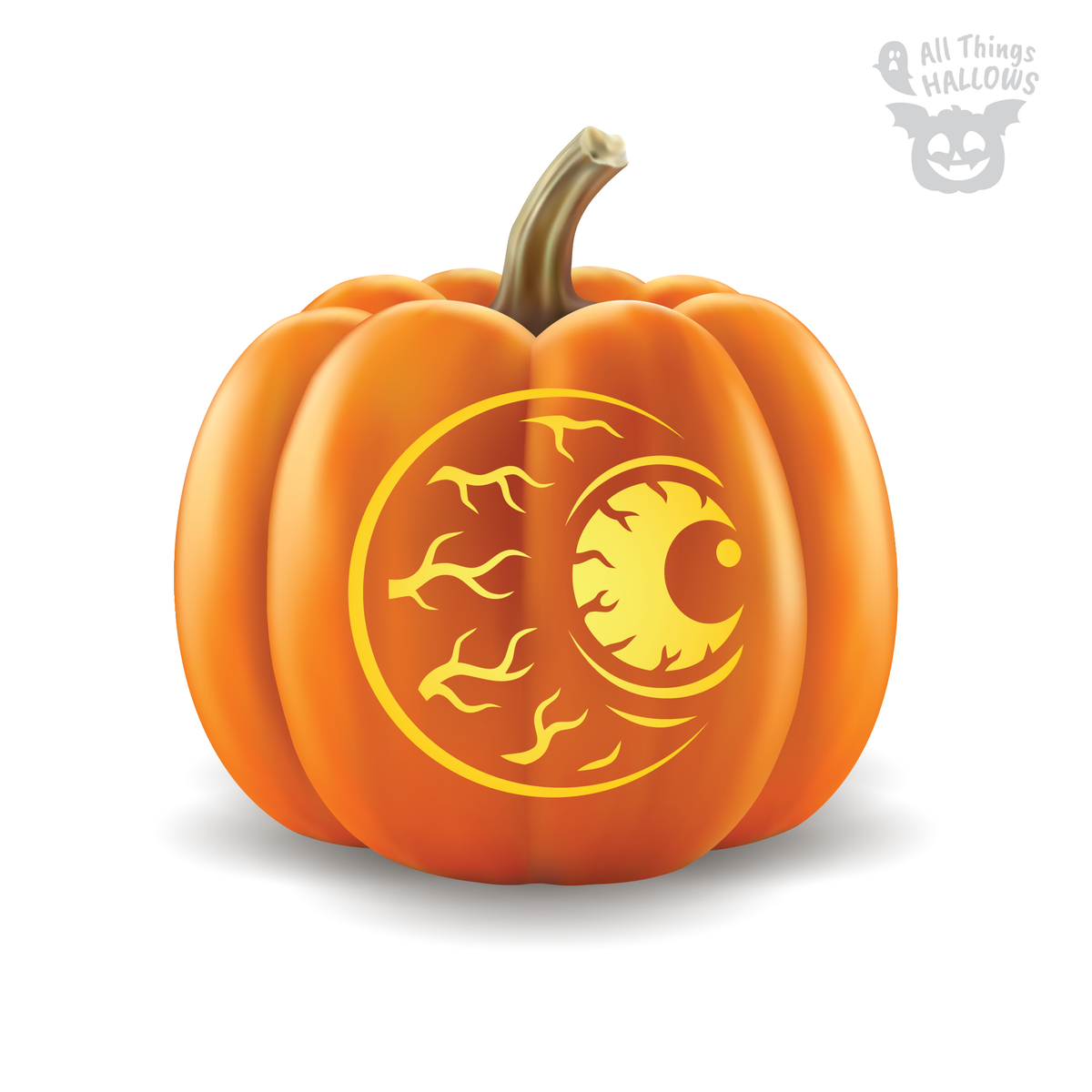 Scary Eyeball Pumpkin Stencil carved into an orange pumpkin with a large creepy eye and twisting vein design.