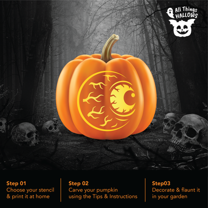 Glowing scary eyeball pumpkin carving displayed in a dark spooky forest with skulls for a creepy Halloween scene.
