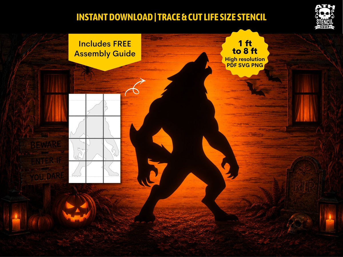 Giant Scary Werewolf Yard Stencil displayed in an orange-lit Halloween yard with pumpkin, grave marker, lanterns and printable template preview.