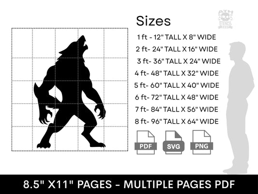Scary Werewolf Yard Stencil size chart showing printable werewolf templates from 1 ft to 8 ft tall with PDF, SVG and PNG files.