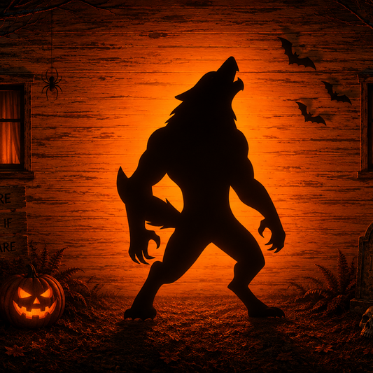 Scary Werewolf Yard Stencil shown as a giant howling werewolf silhouette against an orange-lit haunted Halloween house with bats and a jack-o'-lantern.