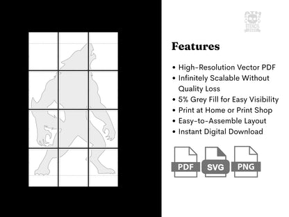 Printable Scary Werewolf Yard Stencil template with tiled pages and features including high-resolution vector files and easy assembly.