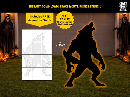 Life-size Scary Werewolf Yard Stencil shown as a large Halloween lawn silhouette with printable tiled template, PDF, SVG and PNG files.