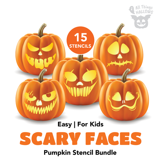 Scary Faces Pumpkin Stencil Bundle featuring 15 easy printable pumpkin carving face templates with creepy smiles, evil eyes, monster faces, and spooky Halloween jack-o'-lantern designs.