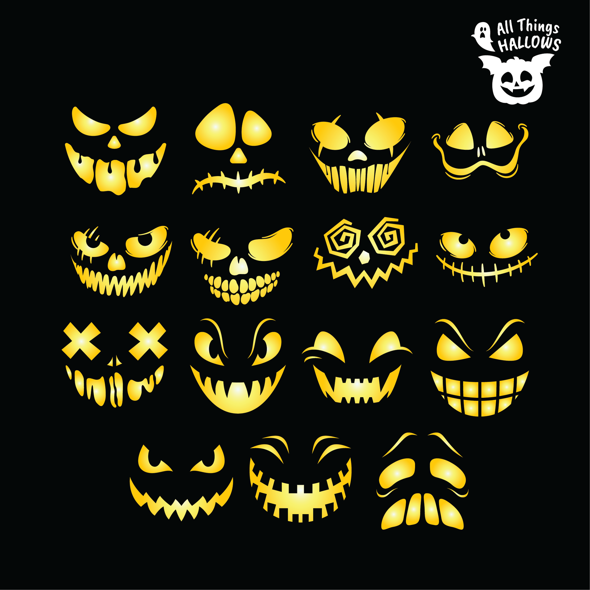 Scary Faces Pumpkin Stencil Bundle preview featuring 15 printable Halloween pumpkin face templates with monster grins, stitched smiles, demon eyes, vampire teeth, zombie faces, and evil jack-o'-lantern expressions.