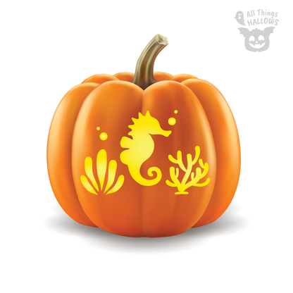 Sea Horse Pumpkin Stencil carved pumpkin preview featuring a glowing seahorse with coral, sea plants and bubbles.