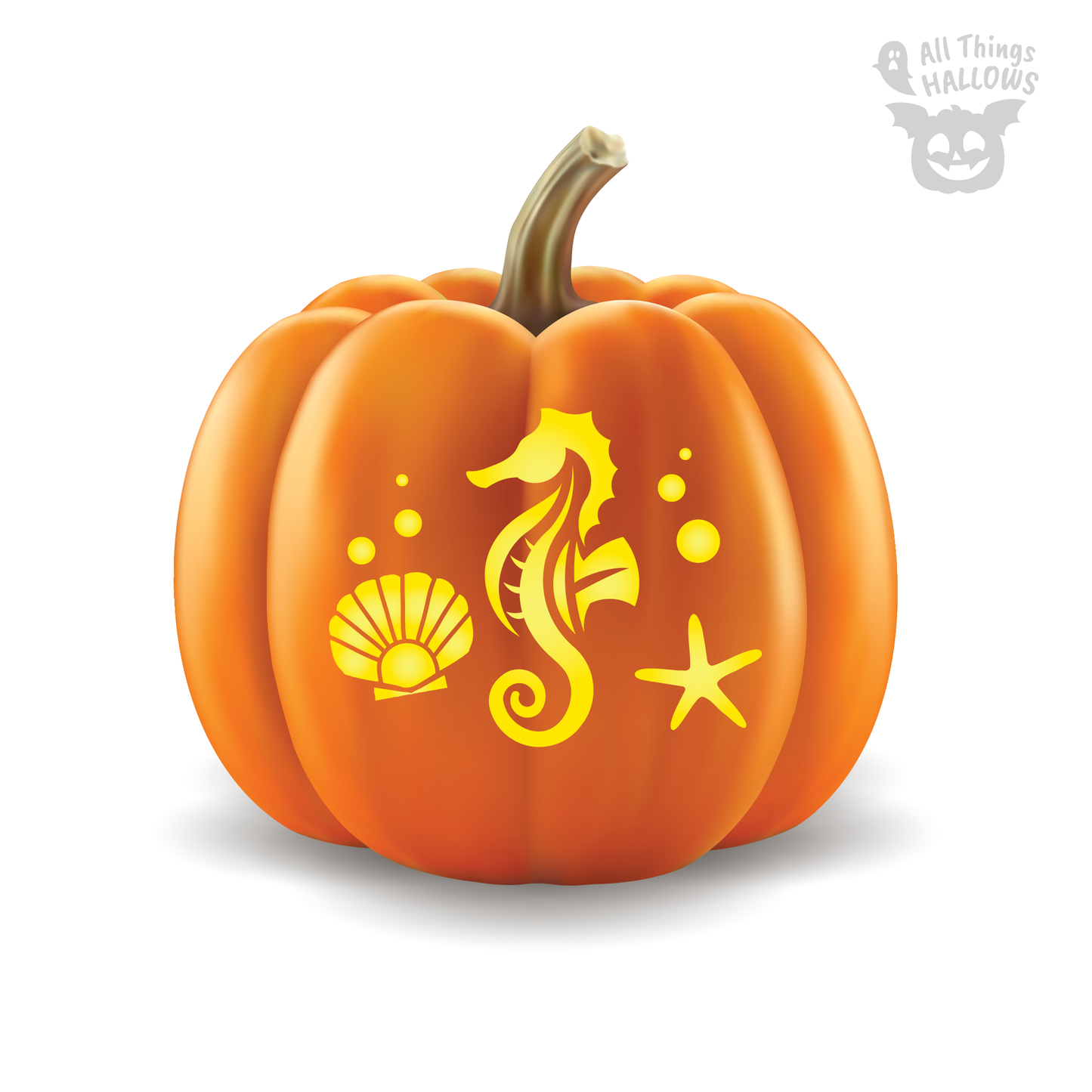 Seahorse pumpkin carving design featuring a detailed seahorse with seashell, starfish and bubbles on an orange pumpkin.