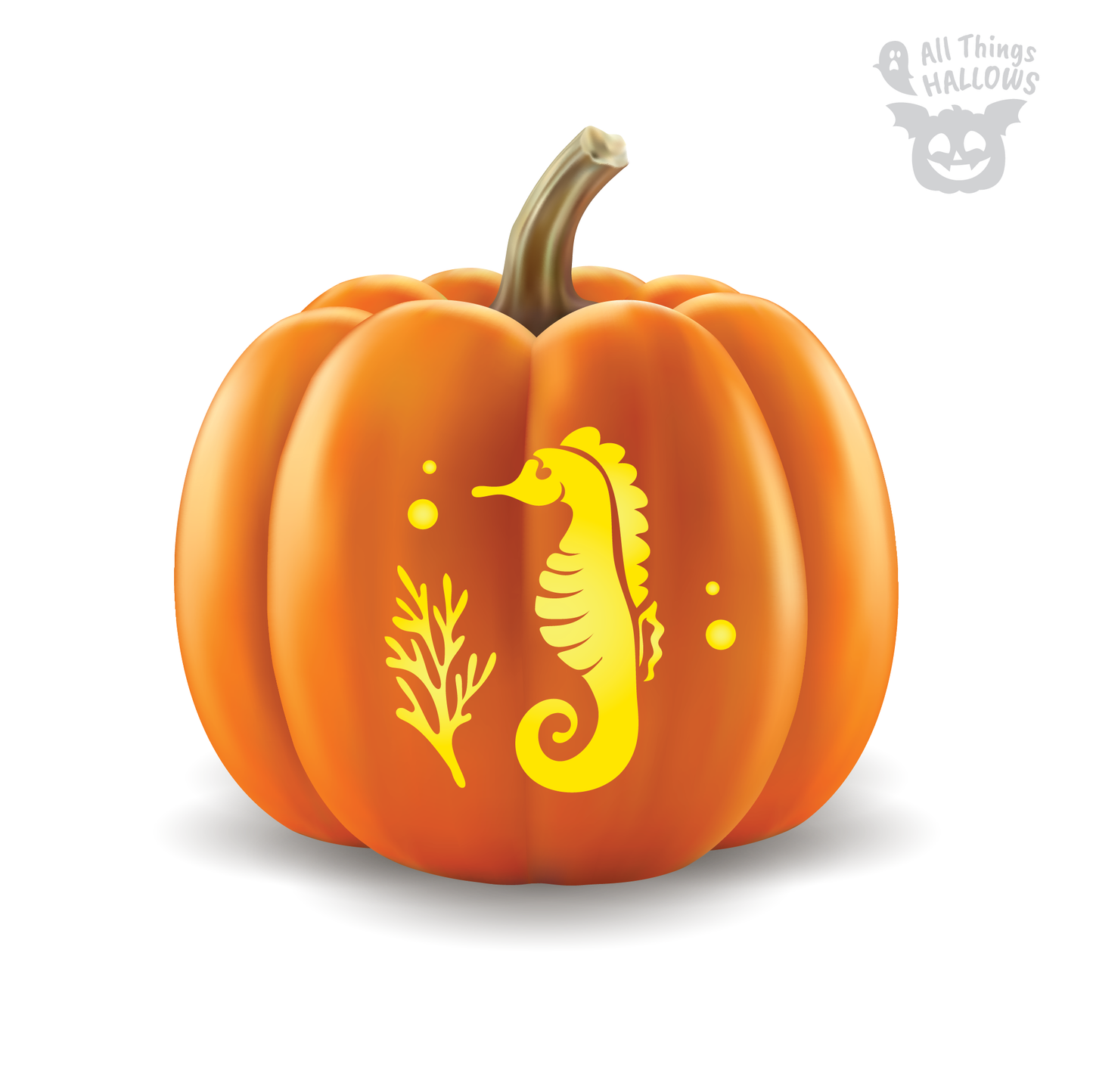 Sea Horse Pumpkin Stencil preview featuring a tall seahorse with underwater plant details and bubbles carved into a pumpkin.