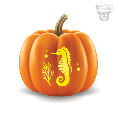 Sea Horse Pumpkin Stencil preview featuring a tall seahorse with underwater plant details and bubbles carved into a pumpkin.