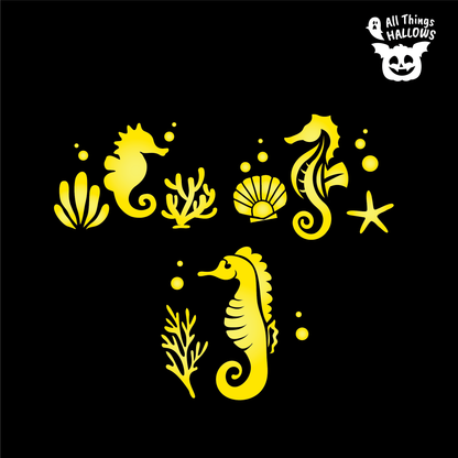 Collection of Sea Horse Pumpkin Stencil designs featuring seahorses, coral, seashell, starfish, sea plants and bubbles.