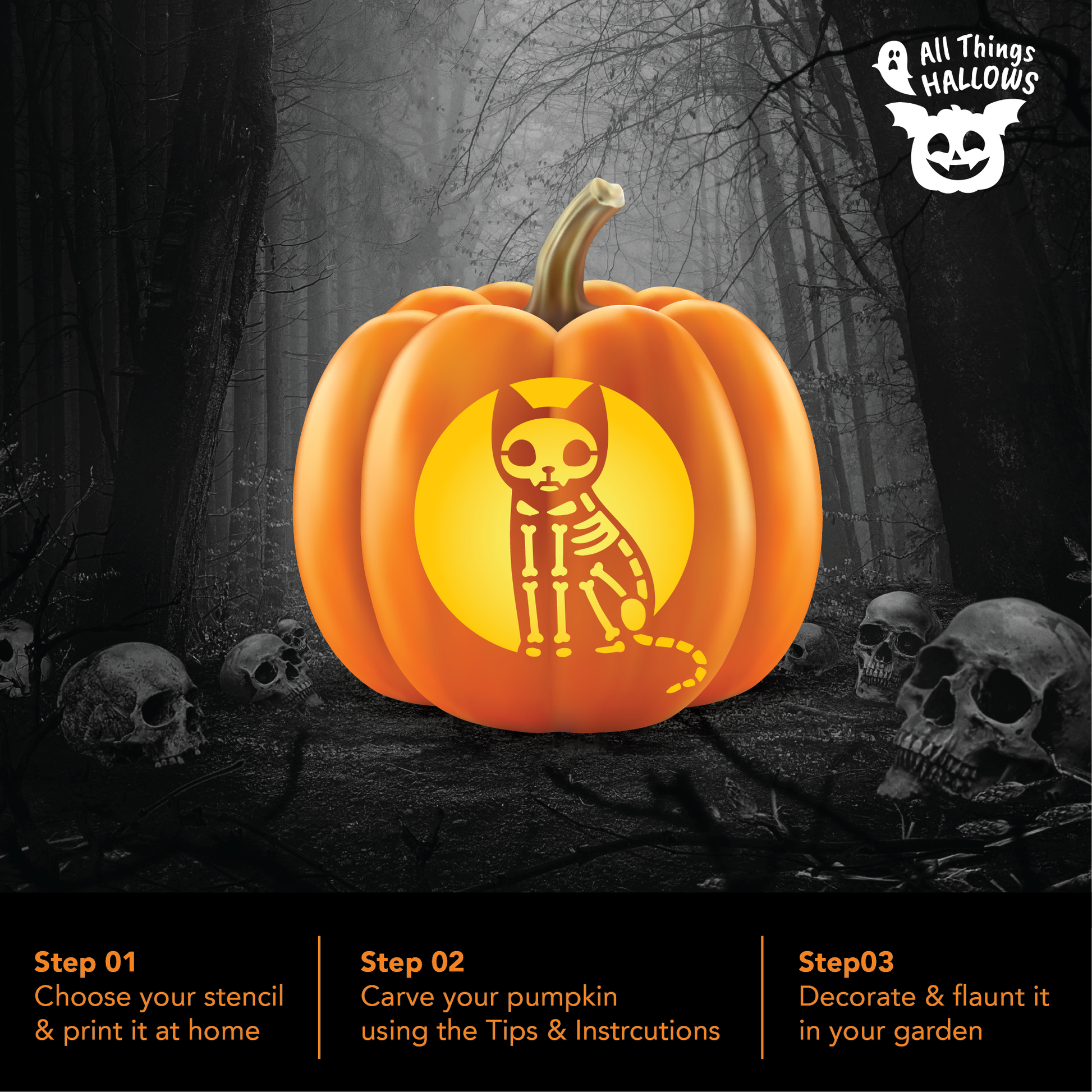 Skeleton Cat Pumpkin Stencil
