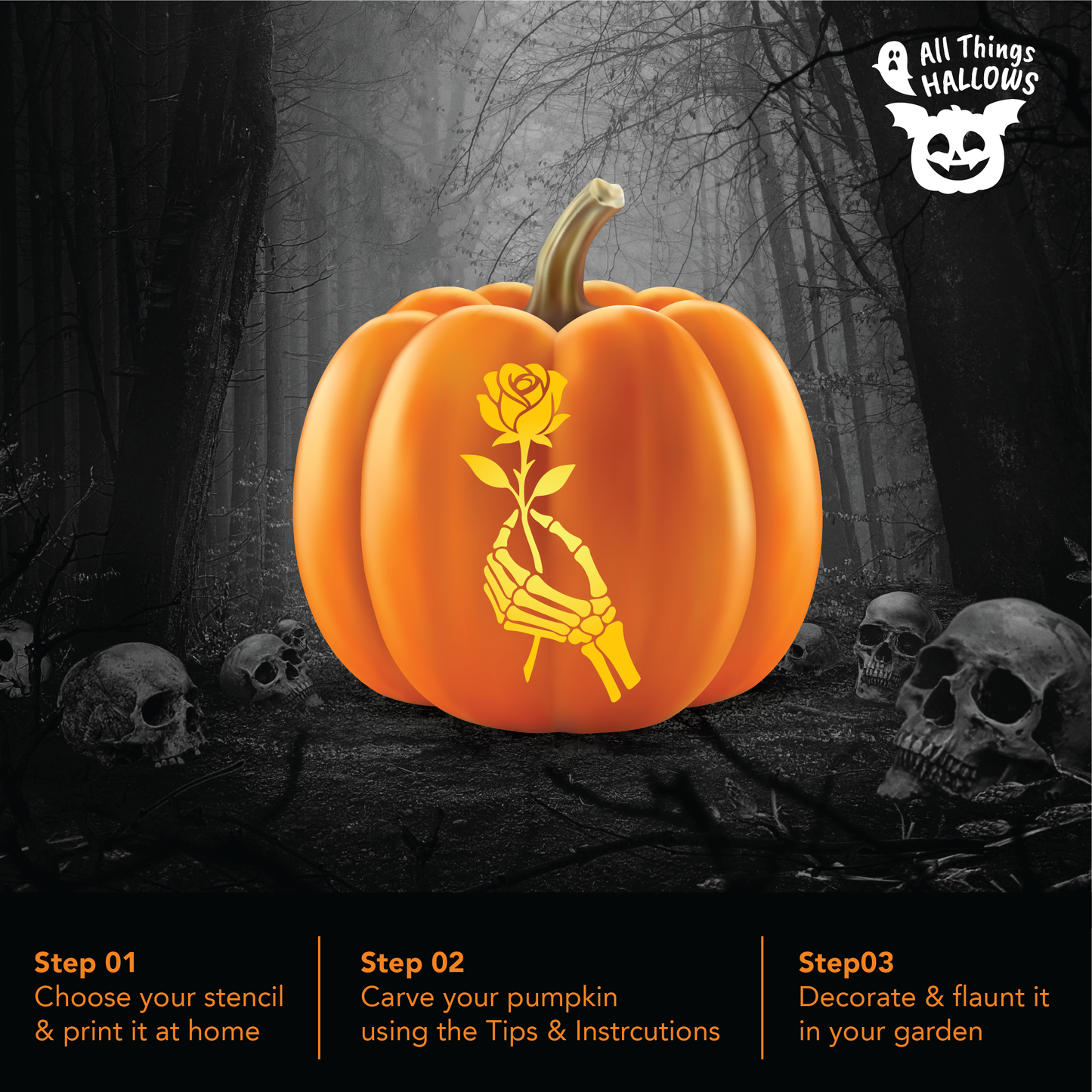 Glowing Skeleton Hand Rose pumpkin carving displayed in a dark spooky Halloween forest surrounded by skulls.