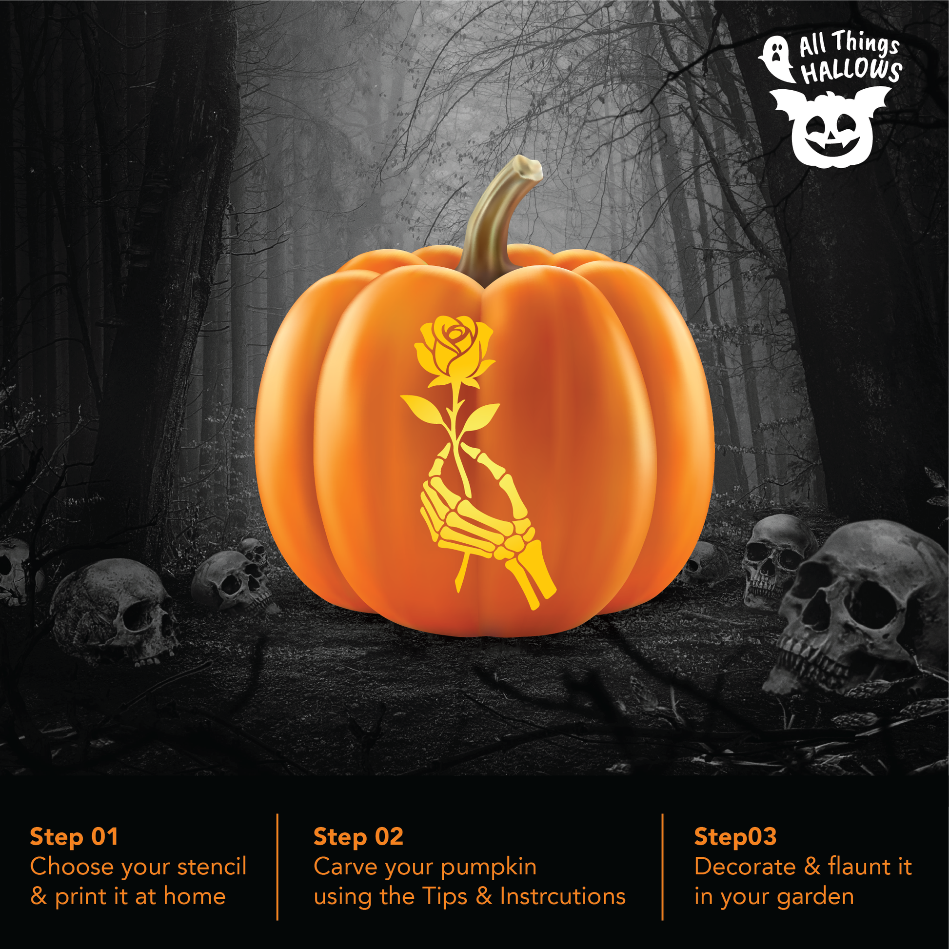 Glowing Skeleton Hand Rose pumpkin carving displayed in a dark spooky Halloween forest surrounded by skulls.