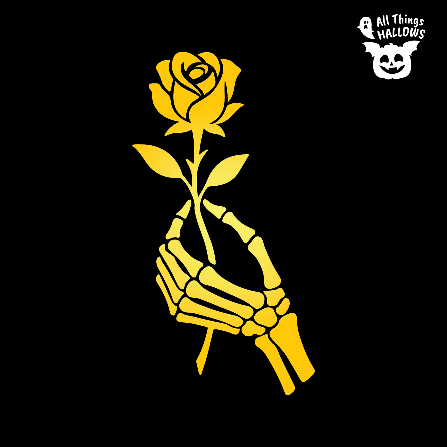 Skeleton Hand Rose pumpkin stencil design featuring a detailed skeletal hand holding a long-stem rose on a black background.